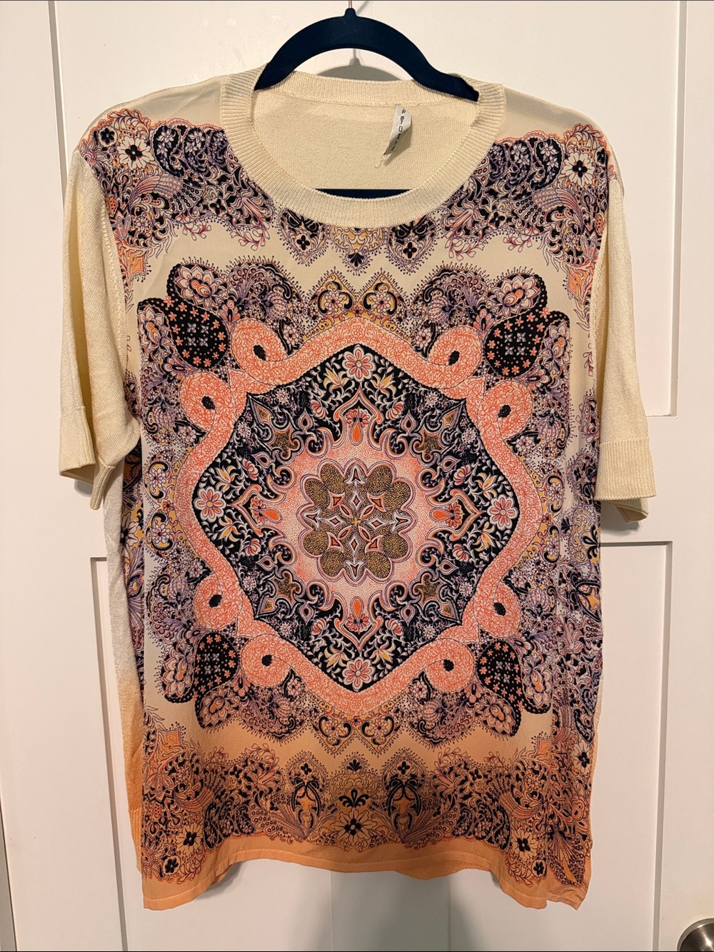 Etro Butter Yellow Paisley Bohemian Medallion Short Sleeve Top Peach Accents